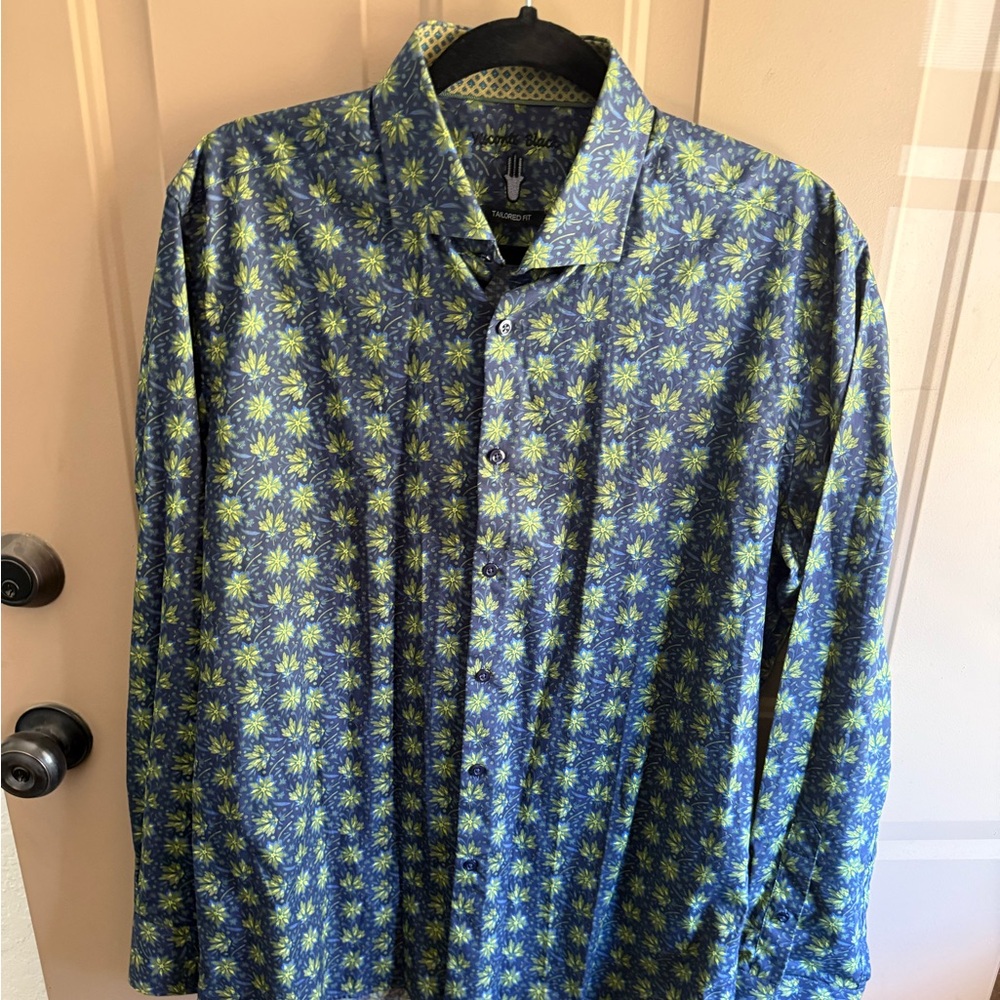 Luchiano Visconti Blue with greens and yellows Long‎ Sleeve Button Down Shirt.